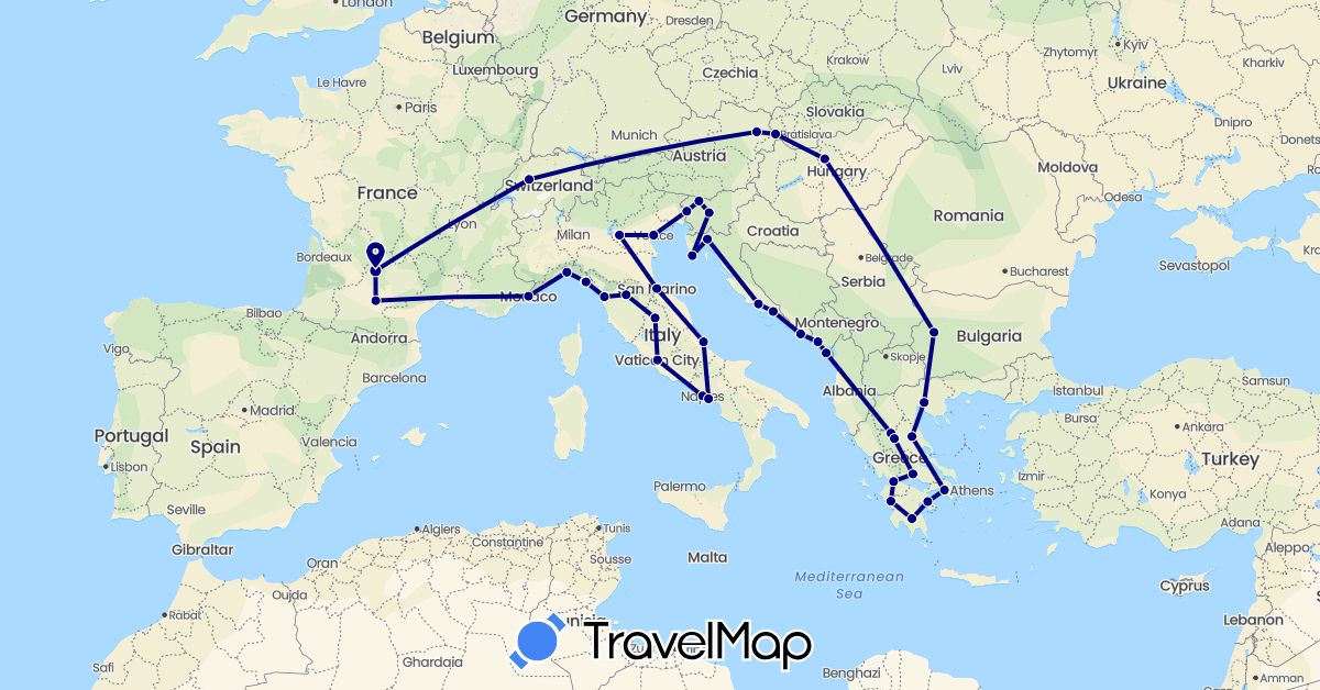 TravelMap itinerary: driving in Austria, Bulgaria, Switzerland, France, Greece, Croatia, Hungary, Italy, Monaco, Montenegro, Slovenia, Slovakia, San Marino (Europe)